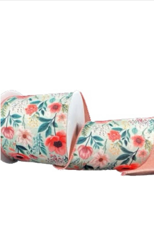 Wired Double Sided Mint Satin-Coral/Cream Dainty Flowers Coral Linen Back Ribbon- 4”x10 Yards