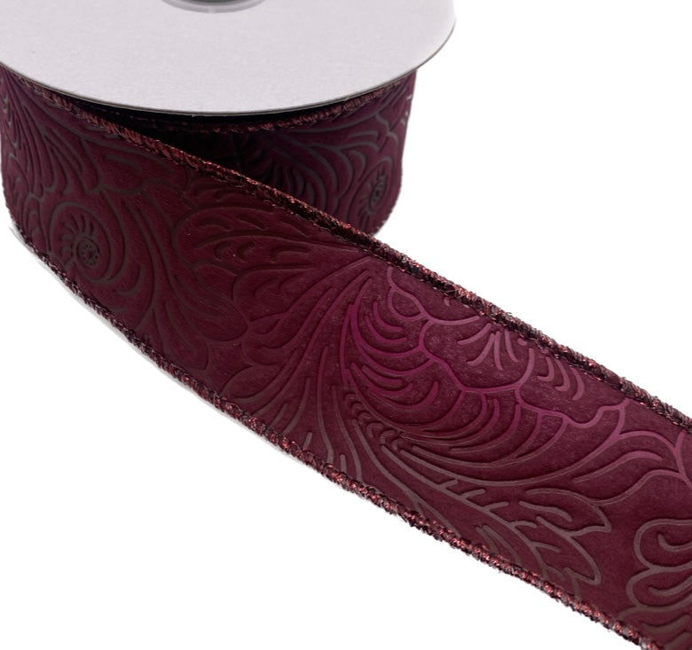 10 Yards - 1.5” Wired Burgundy Floral Embossed Ribbon