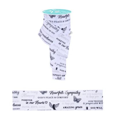 Wired Satin White Background Bereavement Ribbon-2.5”x10 Yards