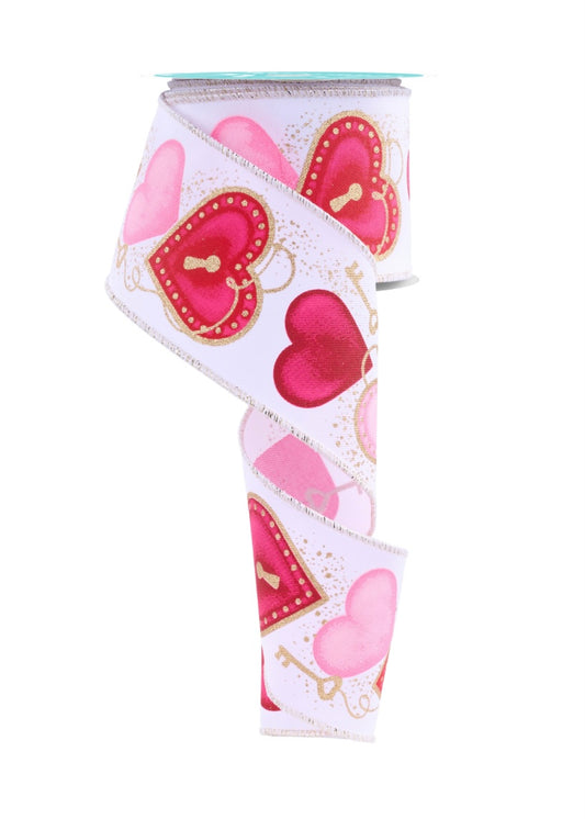 10 Yards - 2.5" Wired White Background Valentines Day Heart Locks and Keys Ribbon