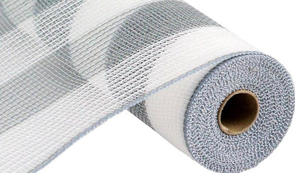 10.5” x 10 Yards White and Gray Faux Jute Wide Stripe Mesh