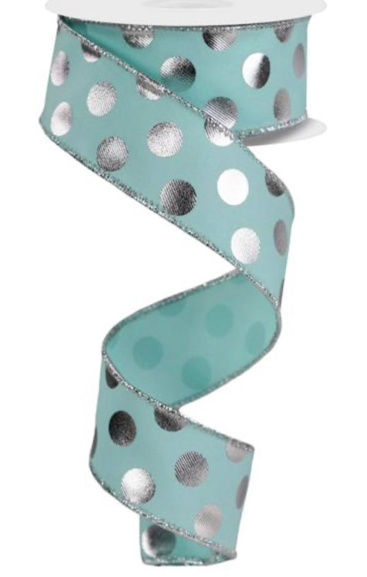 10 Yards - 1.5" Wired Ice Blue and Silver Metallic Polka Dot Ribbon