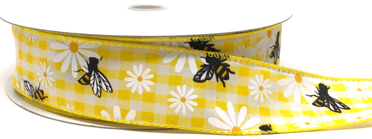 50 Yards - 1.5” Wired Yellow and White Check Bumblebee Daisy Ribbon