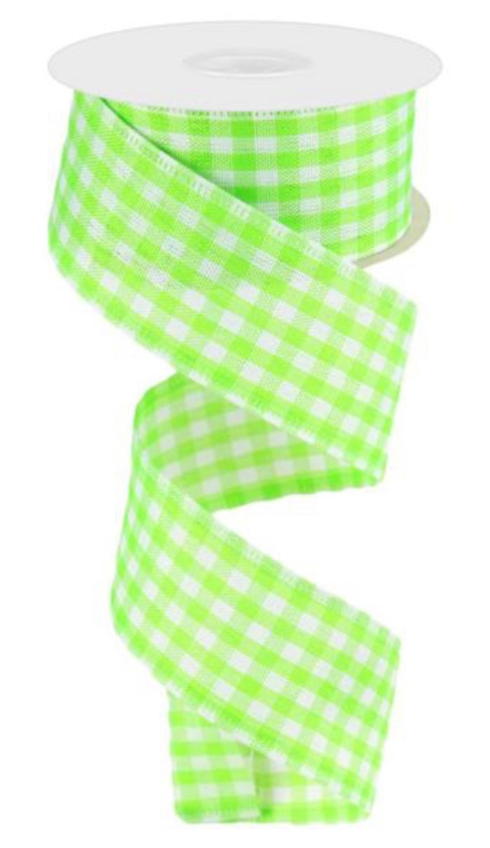 1.5” x 10 Yards Wired Lime Green and White Gingham Ribbon