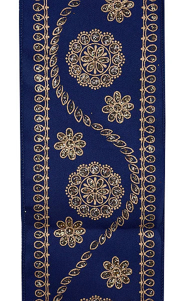 Wired Navy, Champagne and Gold Deluxe Wavy Floral Ribbon-4”x10 Yards