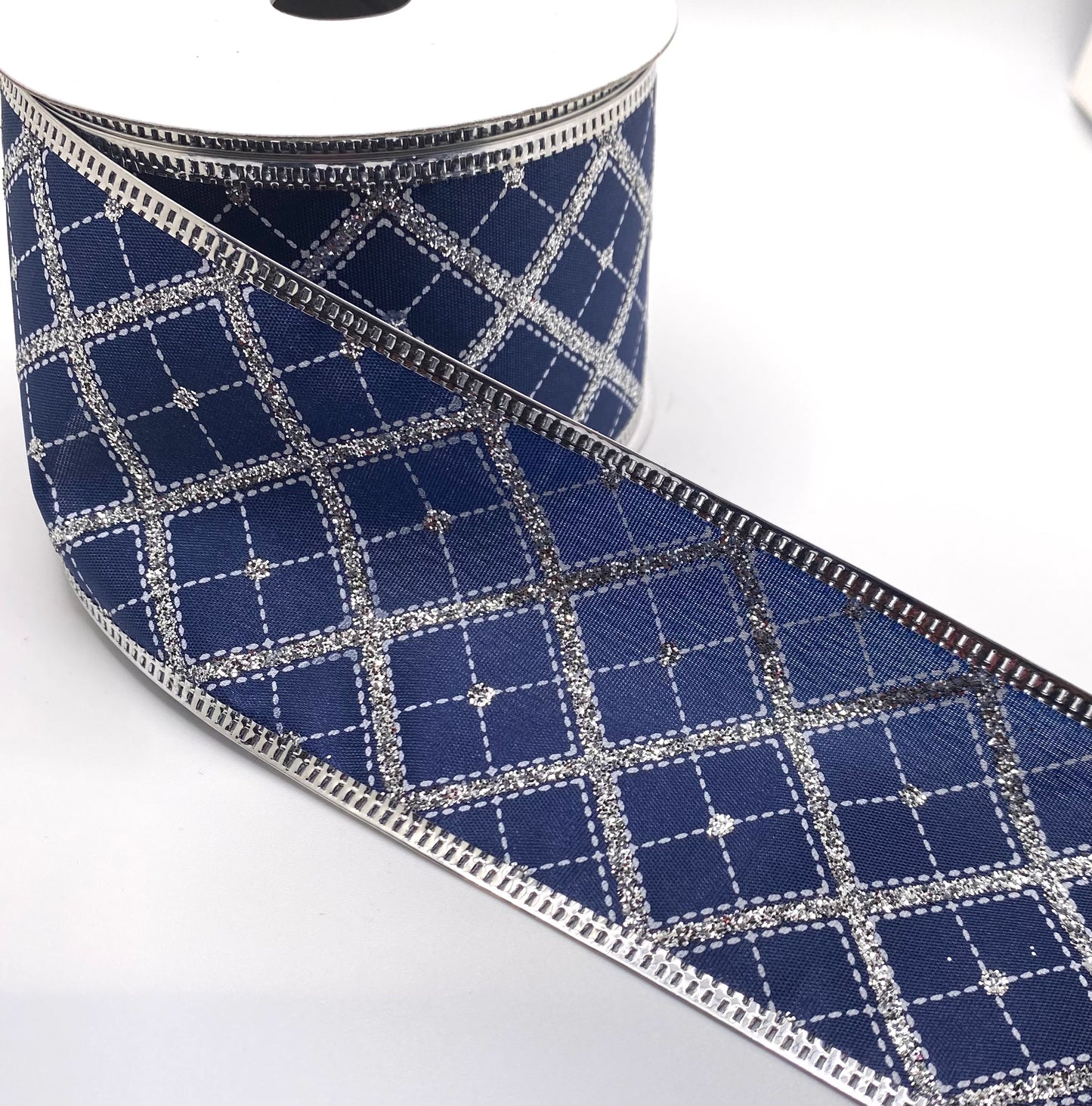 10 Yards - 2.5" Wired Navy Satin Silver Glitter White Cross Diagonal Stripe Metallic Edge Ribbon