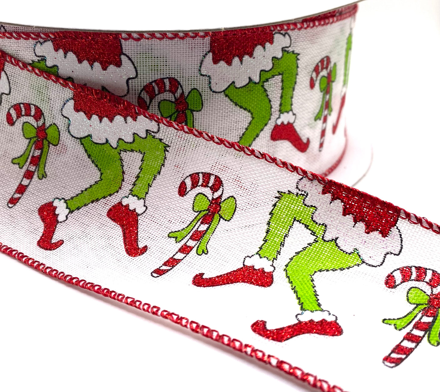 50 Yards - 2.5” Wired Green Monster Legs and Candy Canes Ribbon