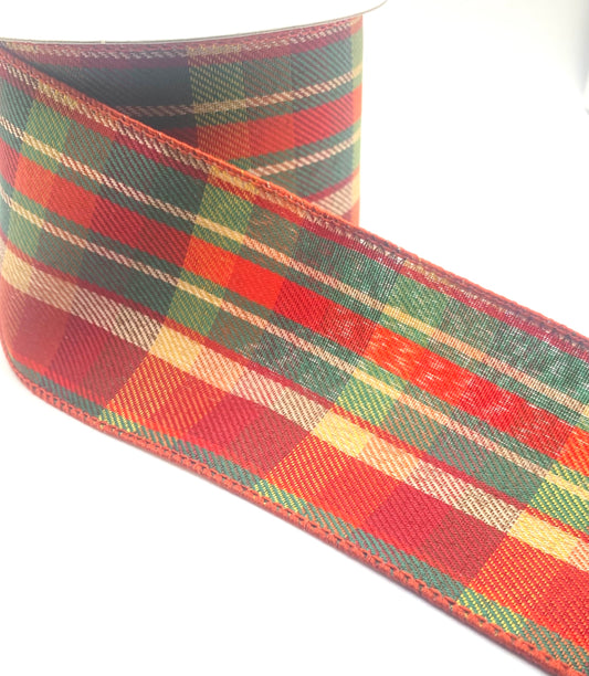 10 Yards - 2.5" Wired Red Green White Stripes and Plaid Ribbon