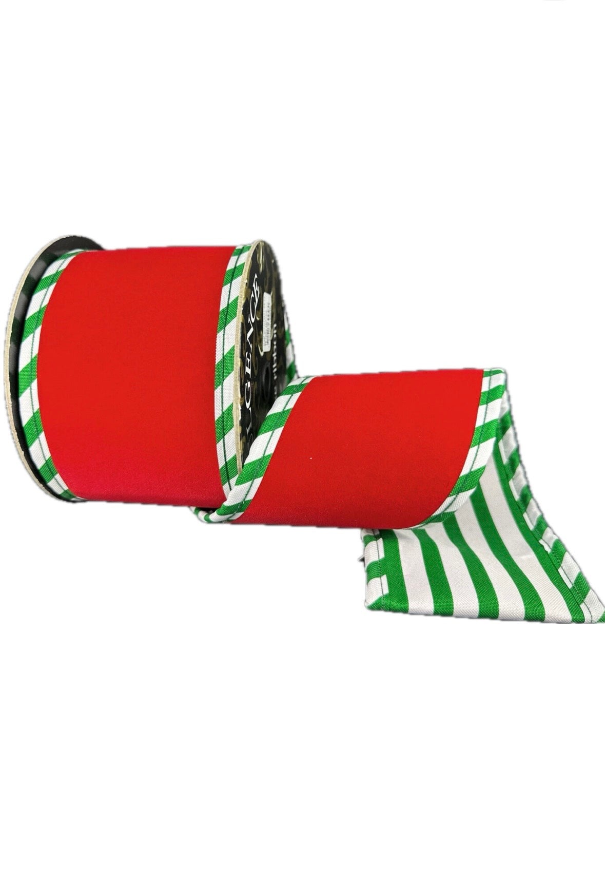 Wired Thick Flat Red Velvet/White- Green Cabana Stripe Ribbon- 4”x5” Yards