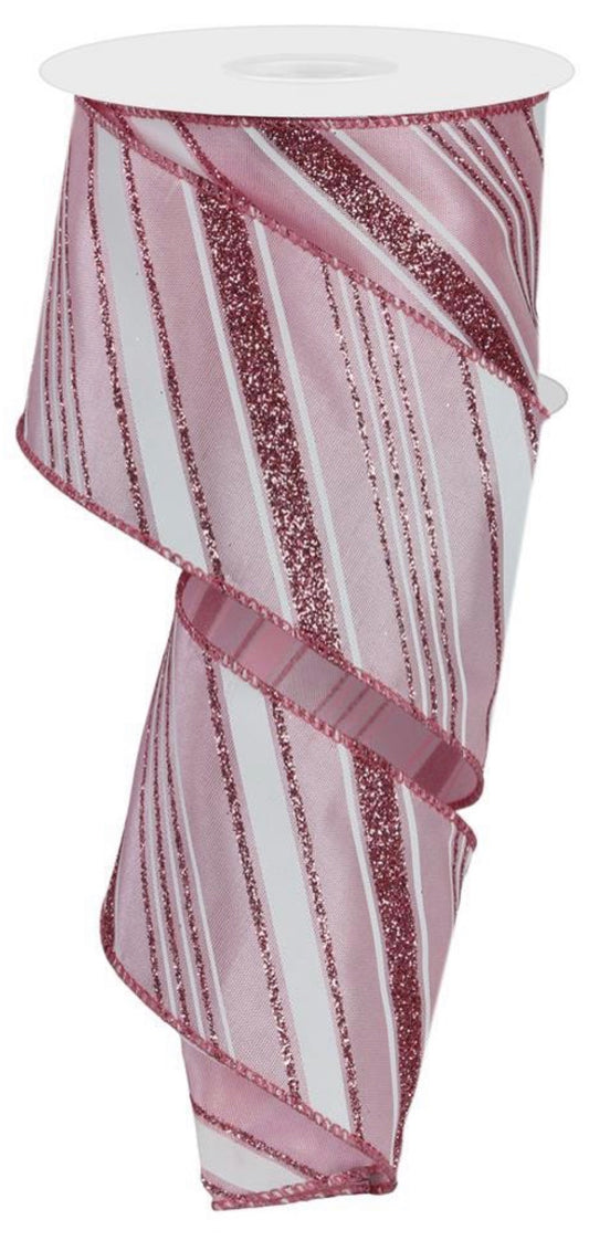 10 Yards - 2.5" Wired Pink and White Glitter Swirl Stripe Christmas Ribbon