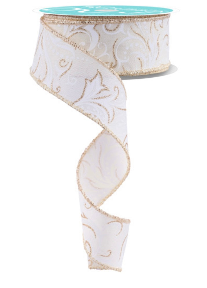 10 Yards- 1.5” Wired White and Champagne Filagree Ribbon