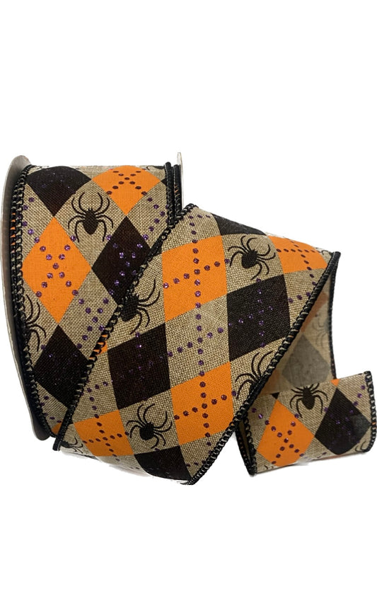 Wired Natural Spiders with Diamond Background Halloween Ribbon-2.5”x 10 Yards