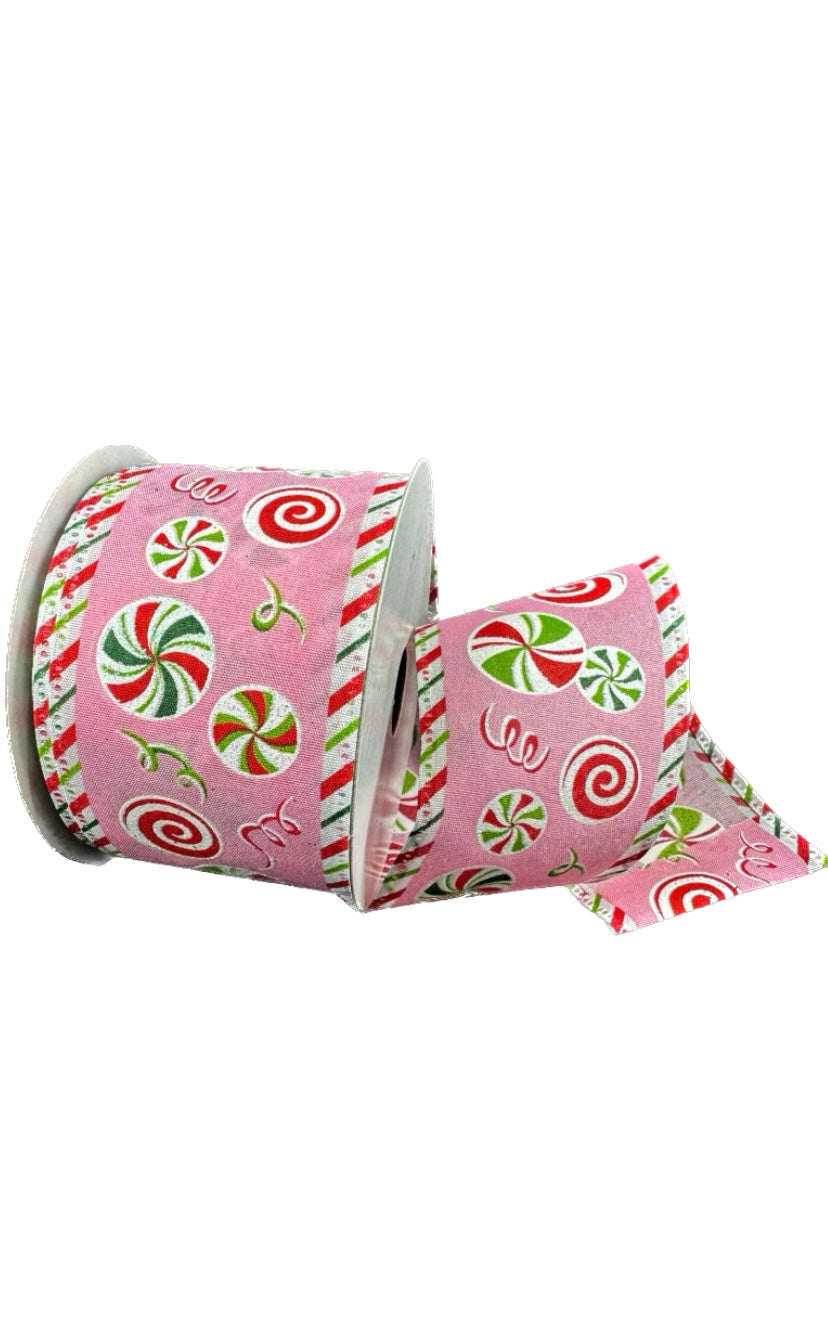 Wired Pink Background Peppermint Candy Christmas Ribbon- 2.5”x10 Yards