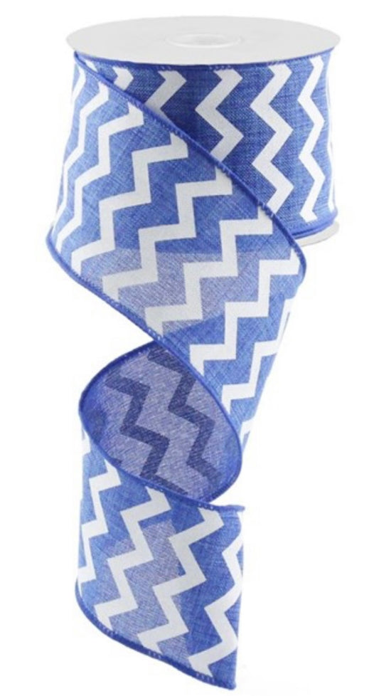 2.5”x 10 Yards Wired Royal Blue and White Chevron Ribbon