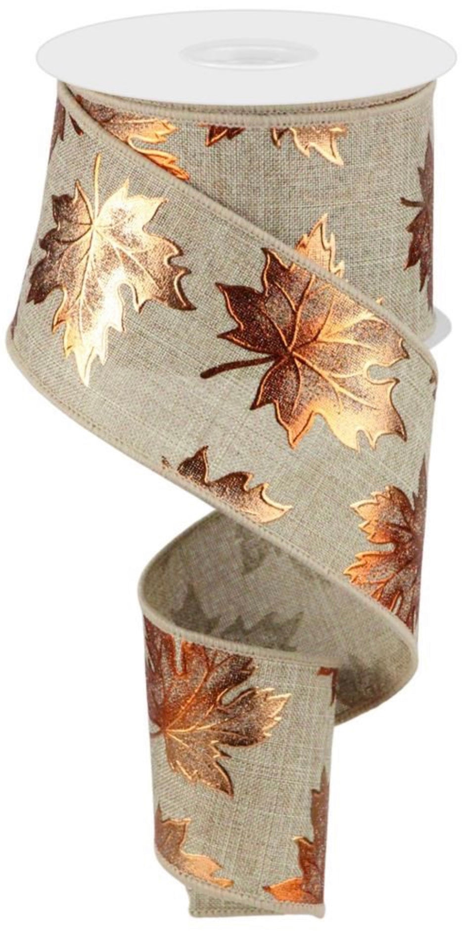 10 Yards - 2.5” Wired Natural Background with Orange Foil Fall Leaves Ribbon