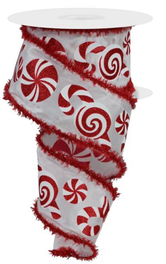10 Yards - 2.5” Wired Peppermint Candy Cane Christmas with Snowdrift Edge Ribbon