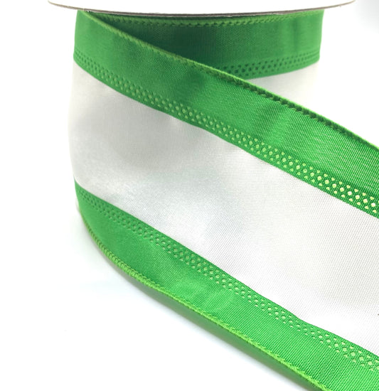 10 Yards - 2.5” Wired Green and White Stripe Satin Ribbon