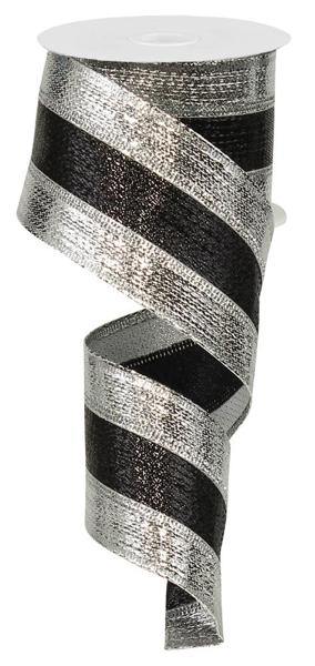Wired Black and Silver Stripe Ribbon- 2.5”x10 Yards