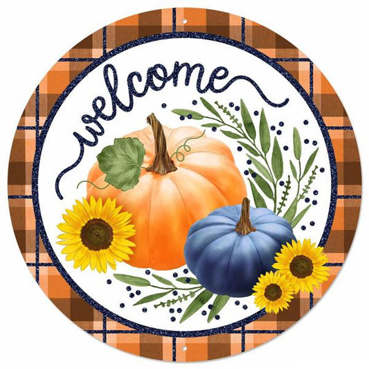 12” Round Metal Fall Welcome Pumpkin and Sunflowers Wreath Sign