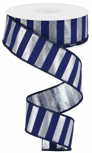 10 Yards - 1.5” Wired Navy Blue and Metallic Silver Stripe Ribbon