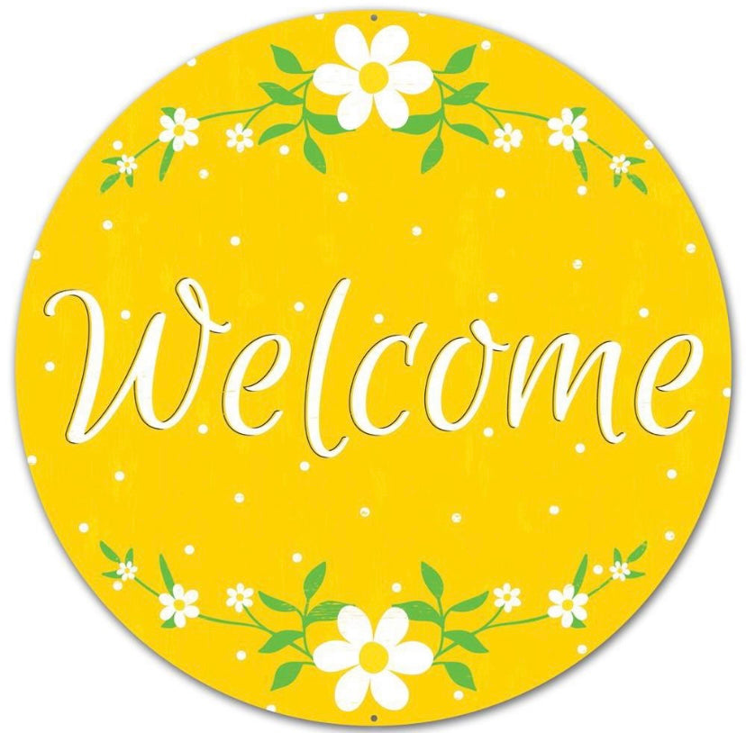 12 Inch Round Metal Yellow Floral Welcome Sign