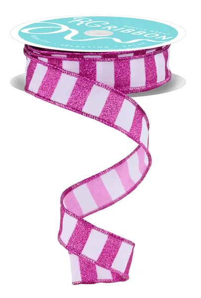Wired Hot Pink and White Horizontal Stripes Ribbon- 7/8”x 10 Yards
