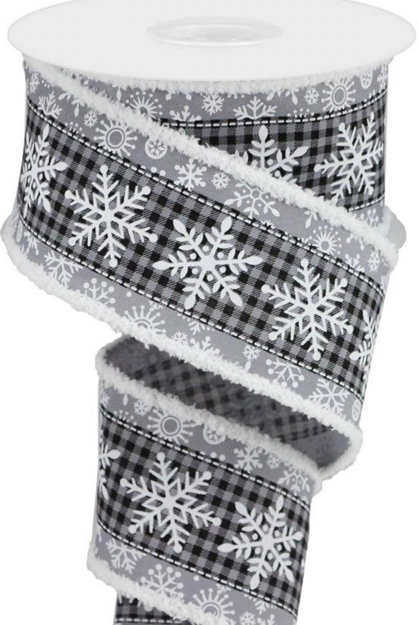 10 Yards - 2.5" Wired Black and Gray Check with Snowflake Drift Edge Ribbon