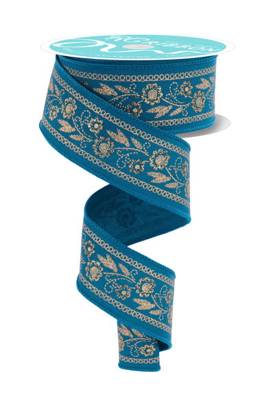 Wired Teal Embroidered Style Floral Ribbon- 1.5”x10 Yards