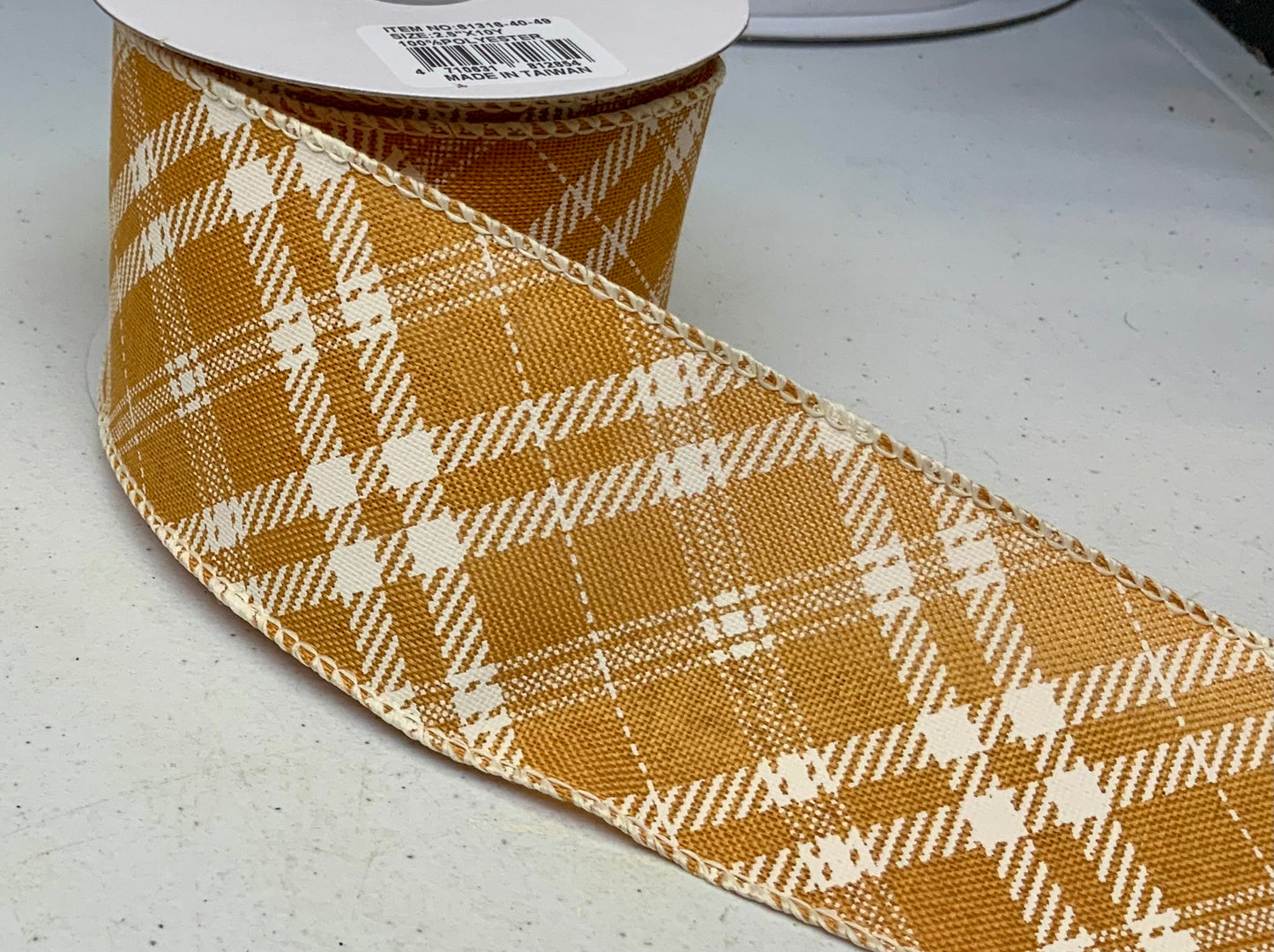 Wired Sunflower Linen Off White Diagonal Plaid Ribbon- 2.5” x10 Yards