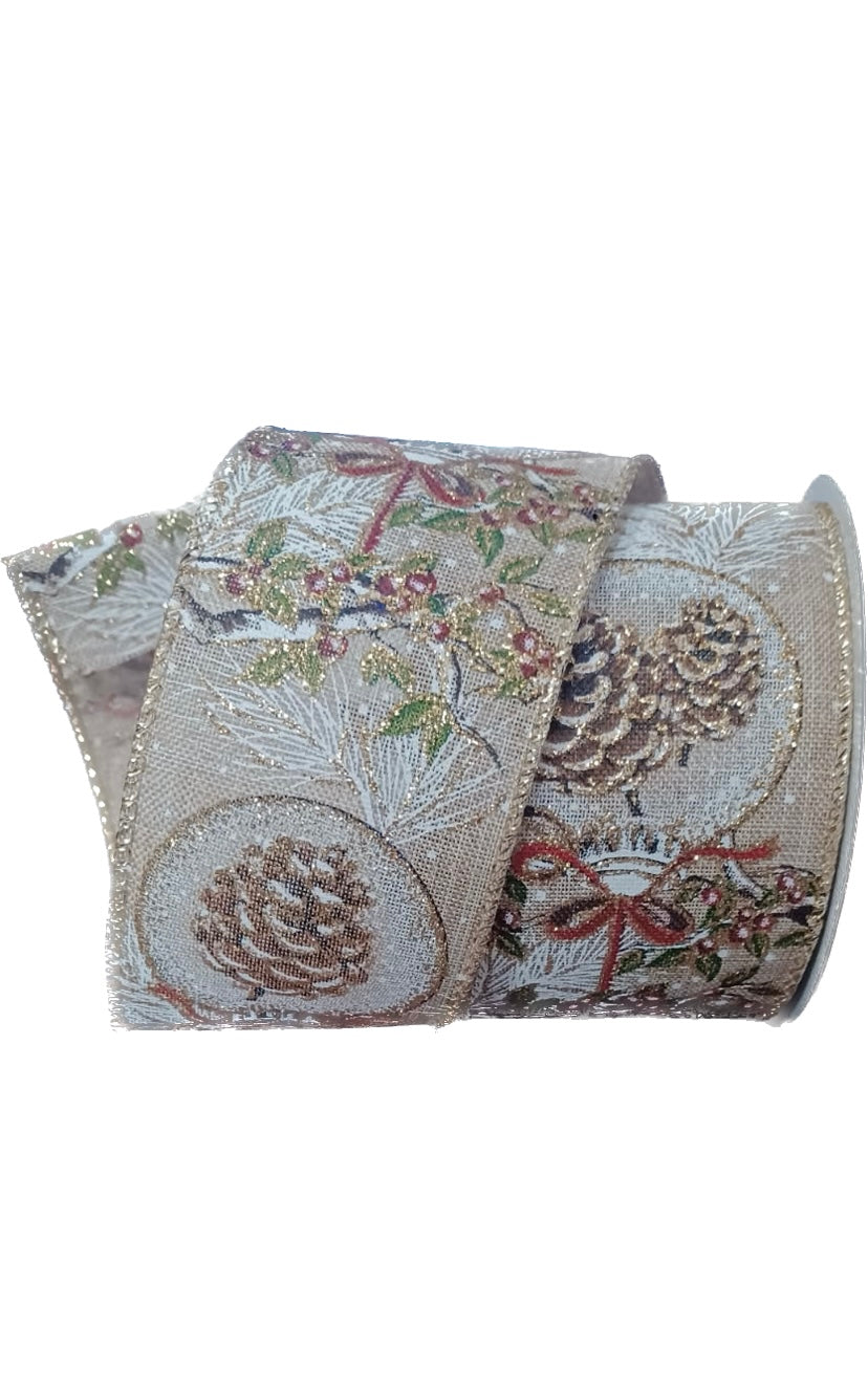 Wired Pine Cone Ornament Ribbon-2.5”x10 Yards