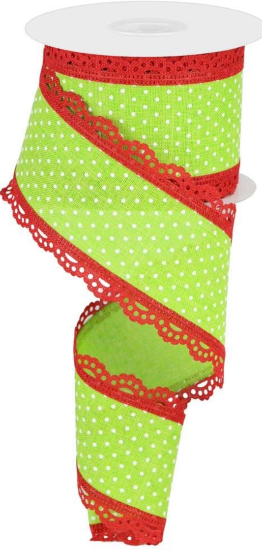10 Yards - 2.5” Wired Lime Green and White Swiss Dot Ribbon with Red Lace Edge