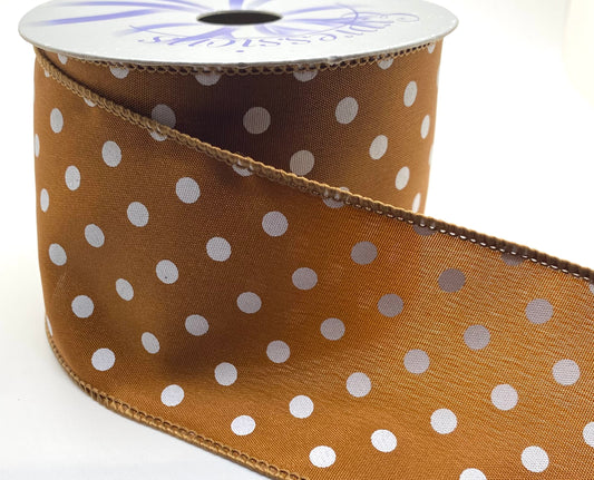 10 Yards - 2.5" Wired Copper and White Polka Dot Satin Ribbon