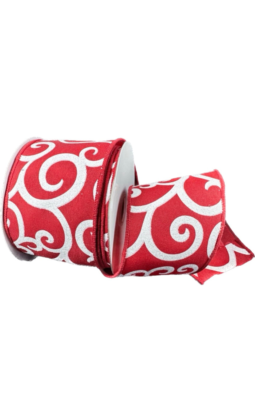 Wired Red Background Glitter Swirl Ribbon-2.5”x Yards