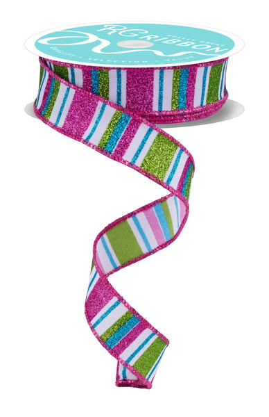 Wired Lime, Pink, Teal, and White Horizontal Stripe Glitter Accent Ribbon- 7/8”x10 Yards