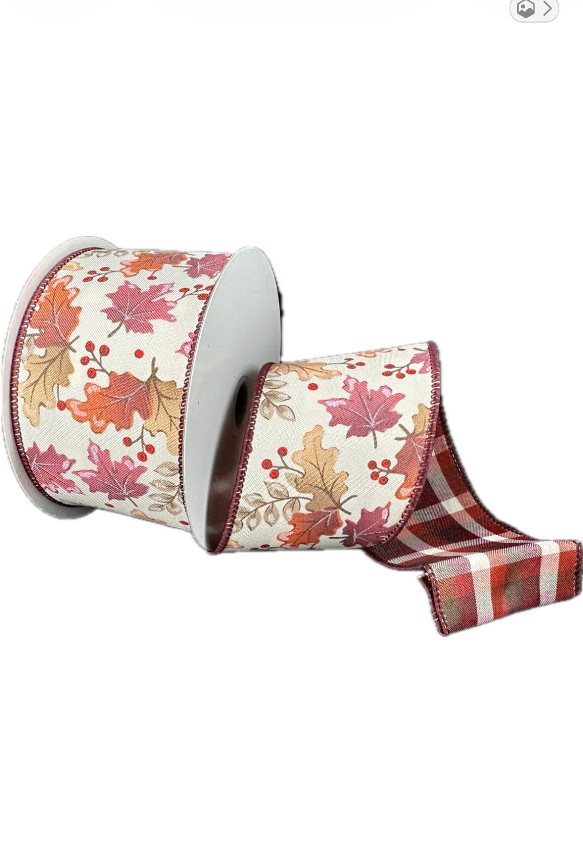 Wired Burgundy Toffee  Fall Leaves Plaid Back Ribbon- 2.5”x10 Yards