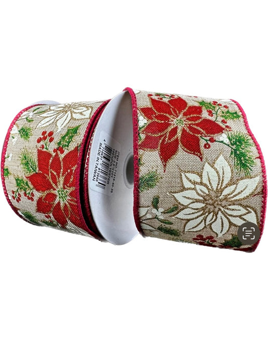 10 Yards - 2.5” Wired Poinsettia with Red Trim Edge Ribbon