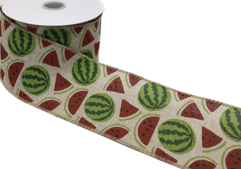 10 Yards - 2.5” Wired Natural Background Watermelon Ribbon