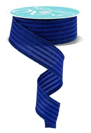 Wired Blue Vertical Stripe Glitter Accent Ribbon- 7/8”x10 Yards