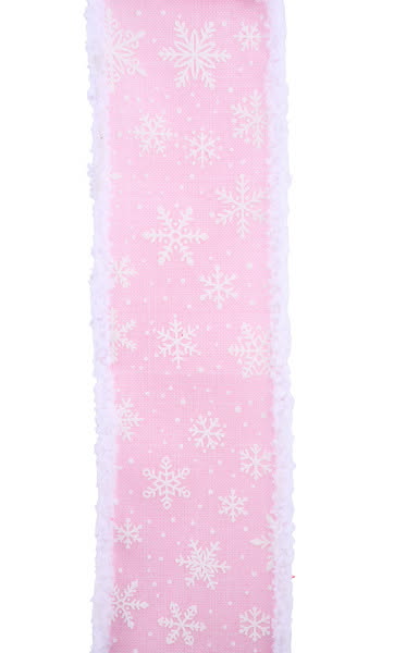 Wired Pink and White Winter Snowflake Ribbon with Snowdrift Edge- 2.5”x10 Yards