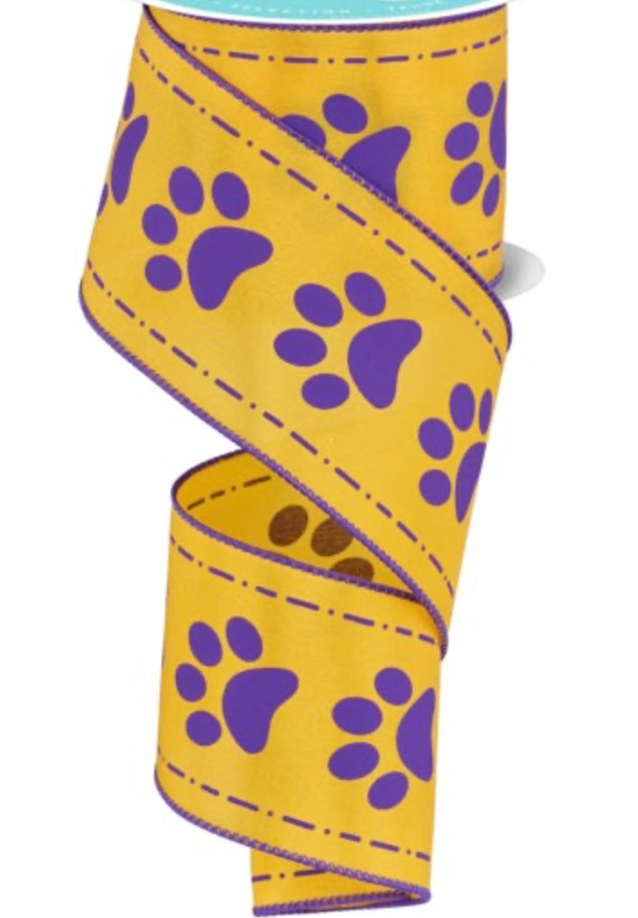 10 Yards- 2.5” Wired Yellow with Purple Paw Prints Ribbon