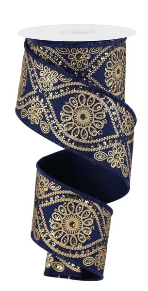 Wired Navy and Gold Deluxe Wavy Floral Ribbon- 2.5”x 10 Yards