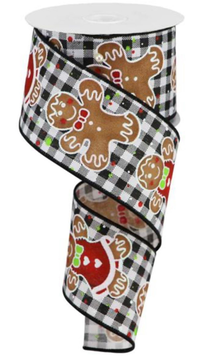 10 Yards - 2.5” Wired Black and White Check Christmas Gingerbread Ribbon with Glitter Accent