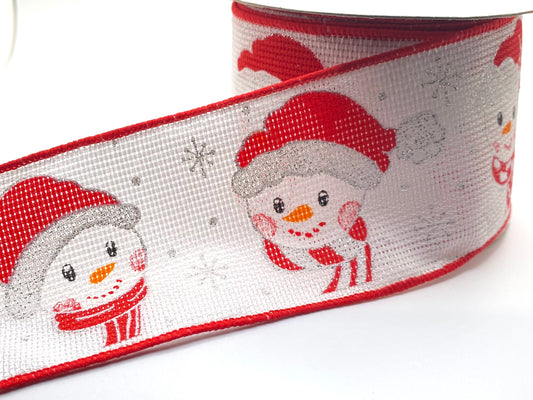 2.5”x 10 Yards- Snowman Head Ribbon on White Background