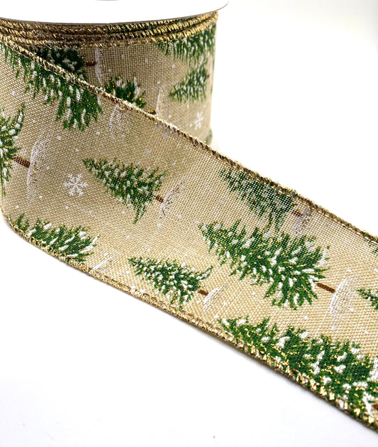 10 Yards - 2.5” Wired Natural Linen Trees in Snow and Snowflakes Ribbon