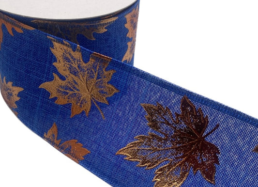 10 Yards - 2.5” Wired Royal Blue Background with Orange Foil Fall Leaves Ribbon