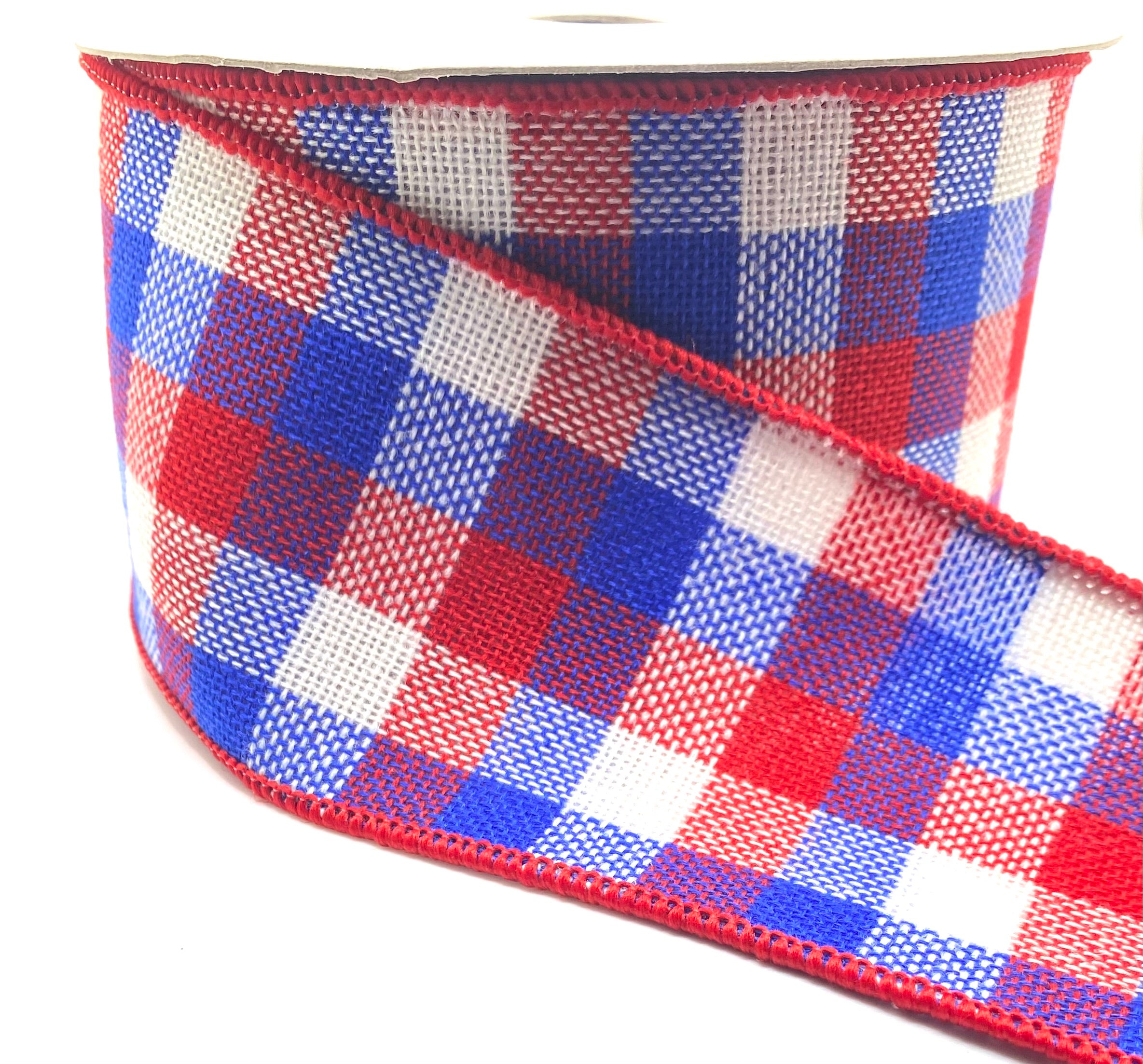 10 Yards - 2.5” Wired Red, White and Blue Patriotic Check Knit Ribbon ...