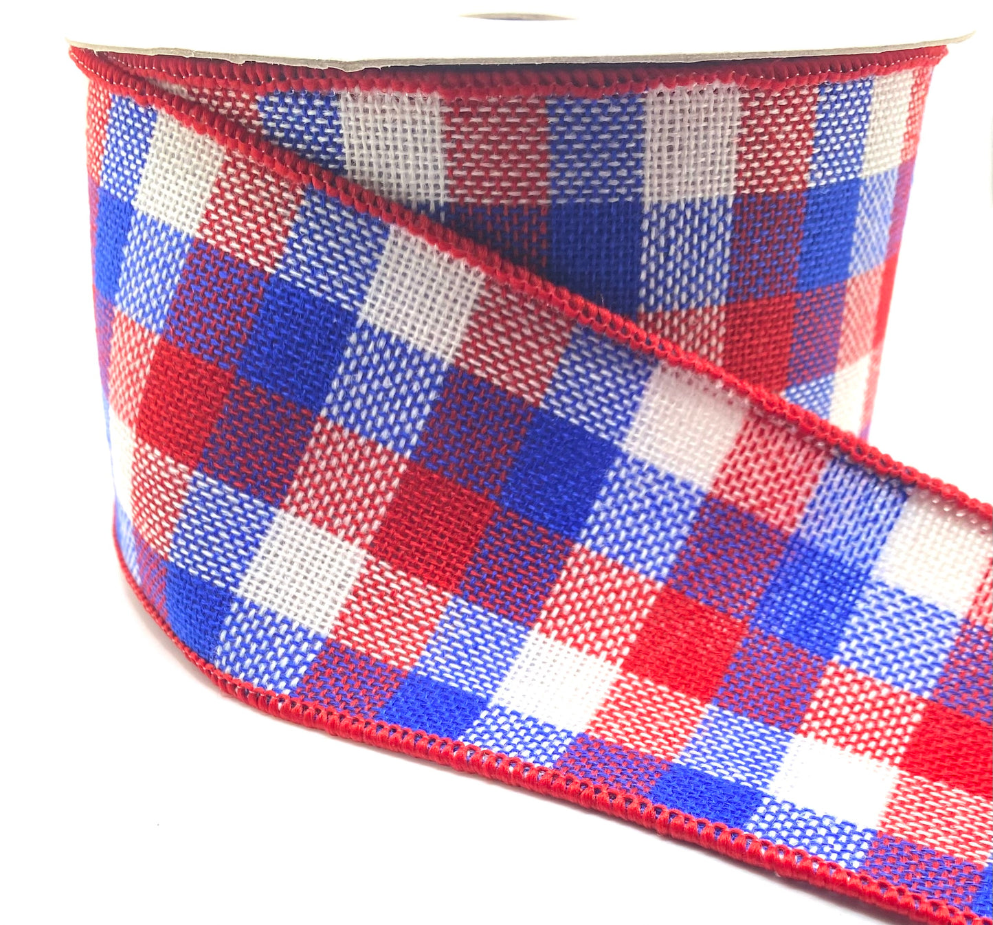 10 Yards - 2.5” Wired Red, White and Blue Patriotic Check Knit Ribbon