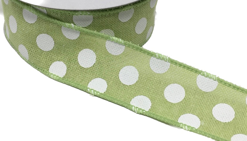 10 Yards - 1.5” Wired Green and White Polka Dot Ribbon