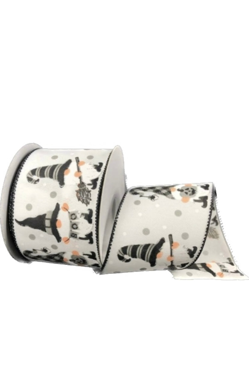 Wired White and Black Gnome Halloween Ribbon-2.5”x 10 Yards