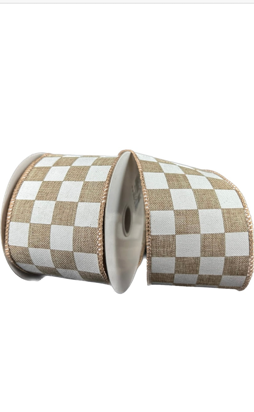 Wired Natural Linen White Race Chex Ribbon- 2.5”x10 Yards